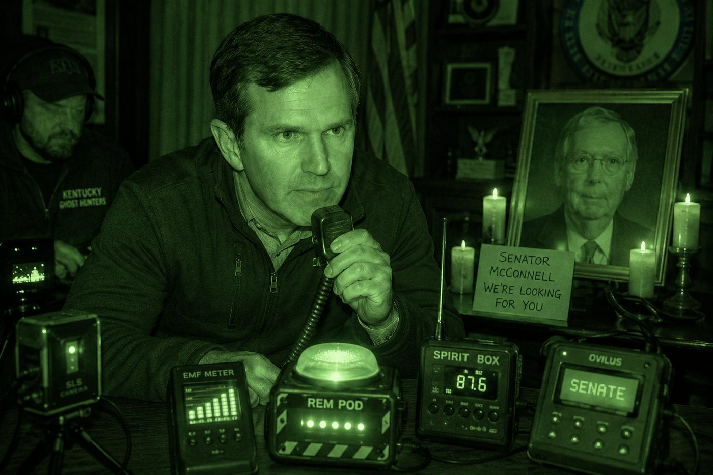 Governor Andy Beshear speaking into a CB radio microphone surrounded by ghost-hunting equipment, night-vision green filter, with a framed photo of Senator McConnell and a sign reading Senator McConnell We're Looking For You