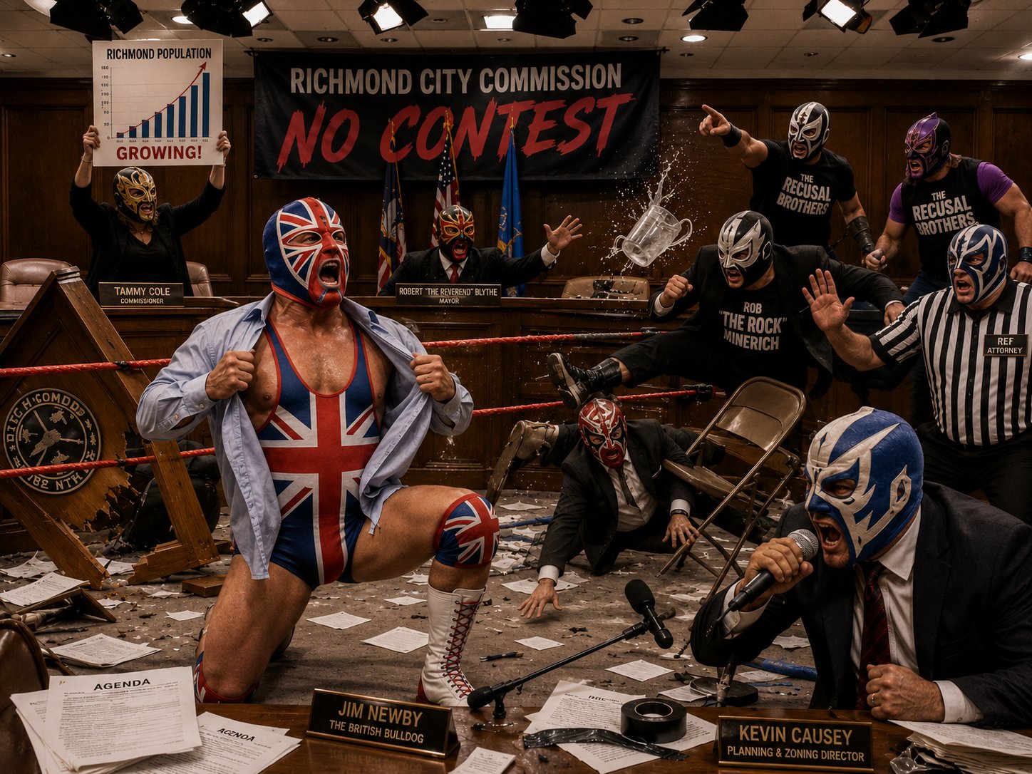 Richmond city officials in wrestling masks and gear amid a destroyed commission chamber under a banner reading Richmond City Commission, No Contest
