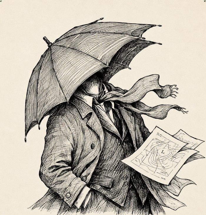 Illustrated figure in a scarf and coat, face hidden beneath an open umbrella, holding a weather map