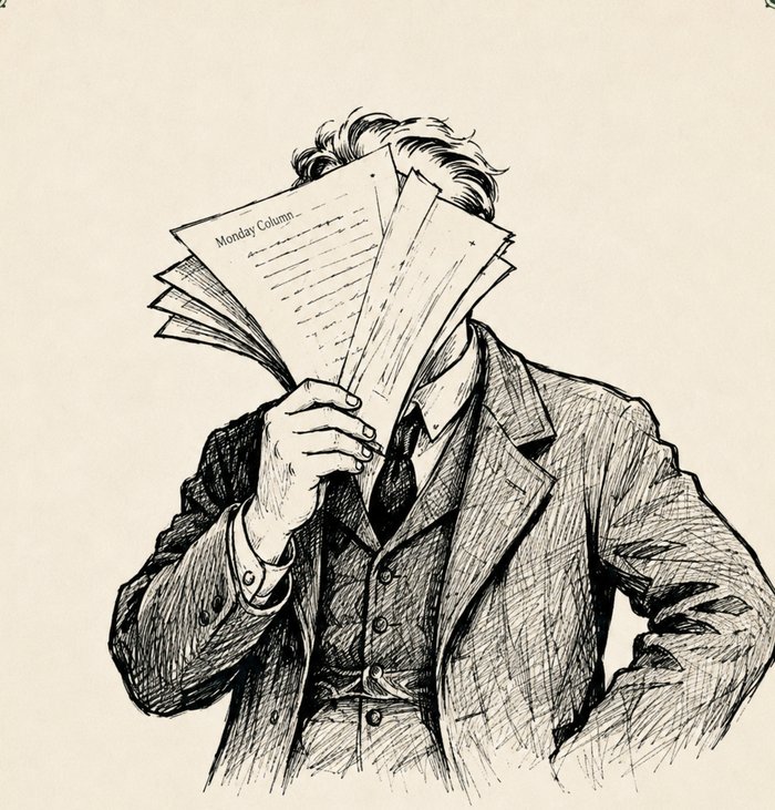 Illustrated figure in a suit, face hidden behind a fanned sheaf of typed column pages