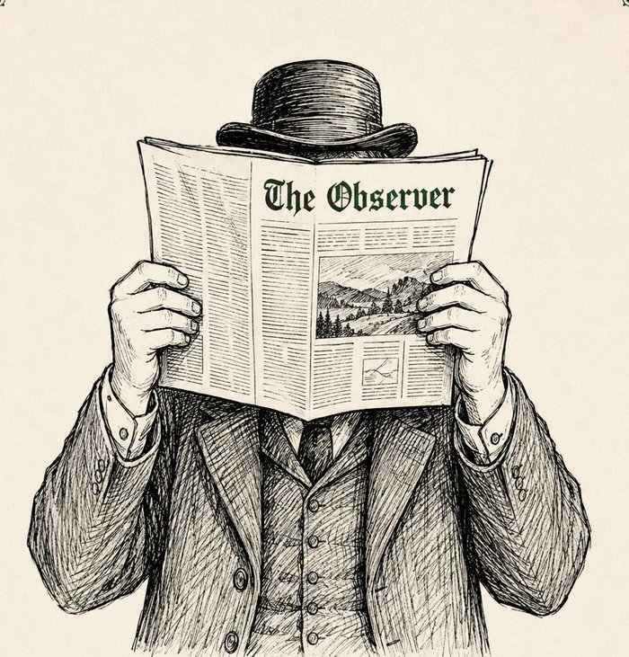 Illustrated figure in a suit and bowler hat, face hidden behind an open copy of The Observer