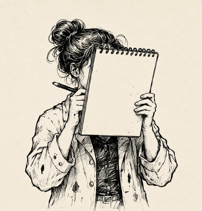 Illustrated figure with hair in a messy bun, face hidden behind a blank sketchbook, pencil in hand
