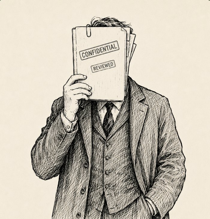 Illustrated figure in a suit, face hidden behind a folder stamped Confidential and Reviewed