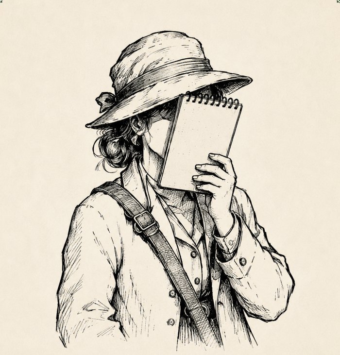 Illustrated figure in a sun hat and satchel, face hidden behind a spiral reporter's notebook