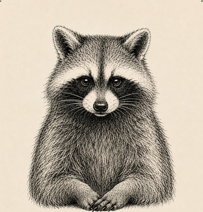 Illustrated portrait of a raccoon looking directly at the camera