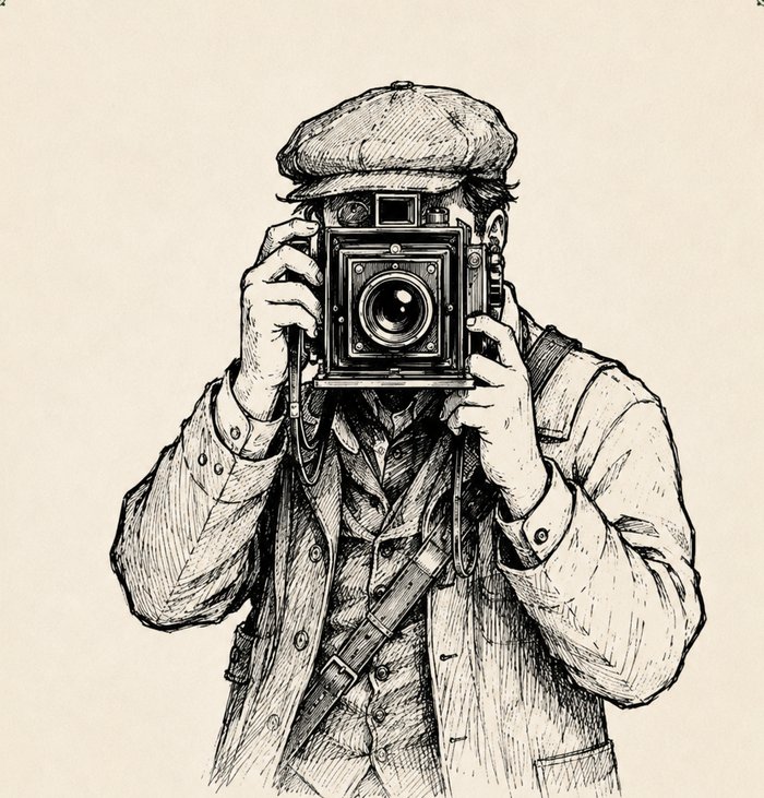 Illustrated figure in a newsboy cap, face hidden behind a vintage box camera